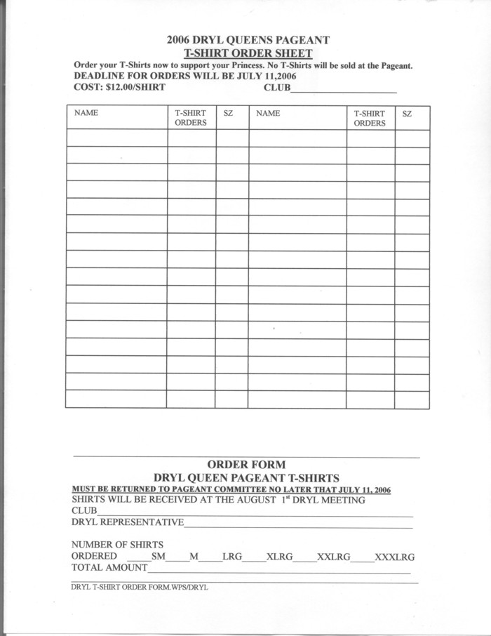 Blank T Shirt Order Form