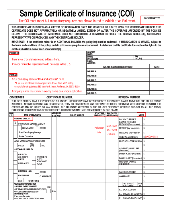 Certificate Of Insurance Template