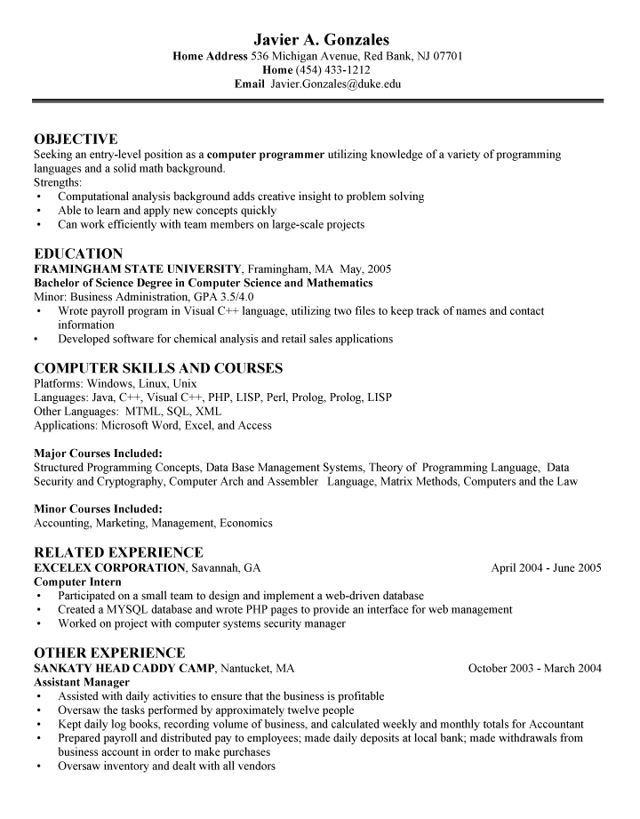 Computer Science Entry Level Resume