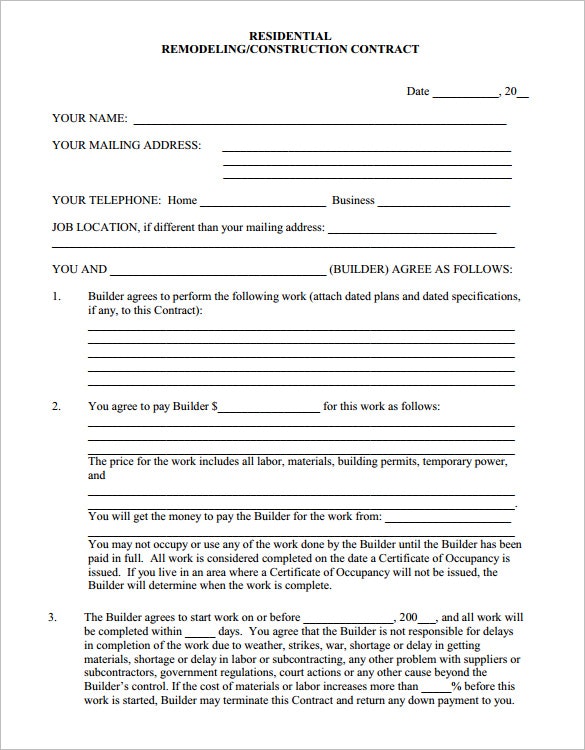 Printable Home Improvement Free Remodeling Contract Template Word