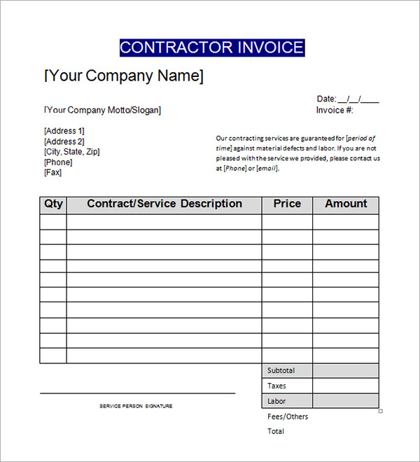 Contractor Invoice Template Excel