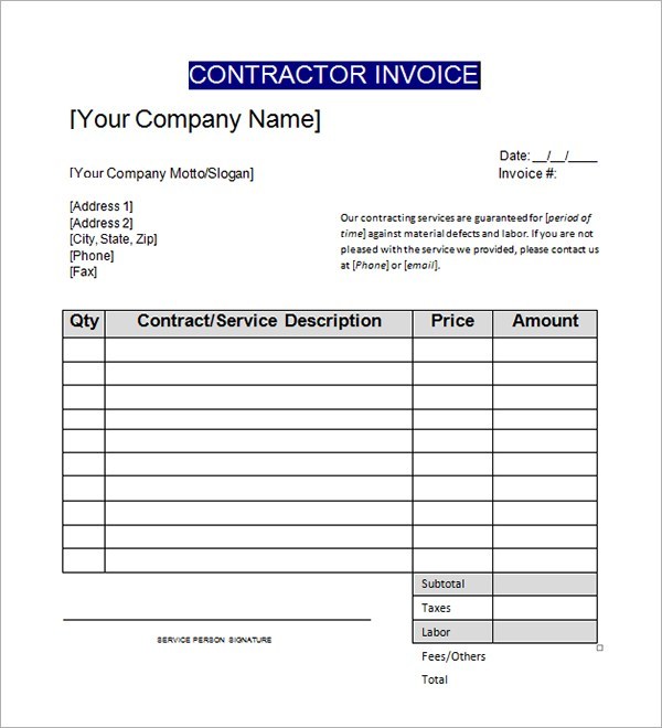 Contractor Invoice Templates – PDF Word Excel – Get Calendar Templates