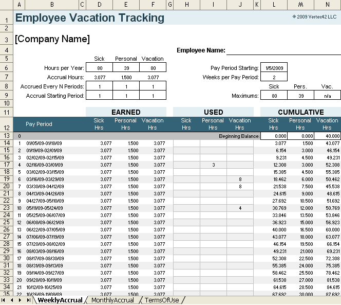 Vacation Accrual and Tracking Template with Sick Leave Accrual