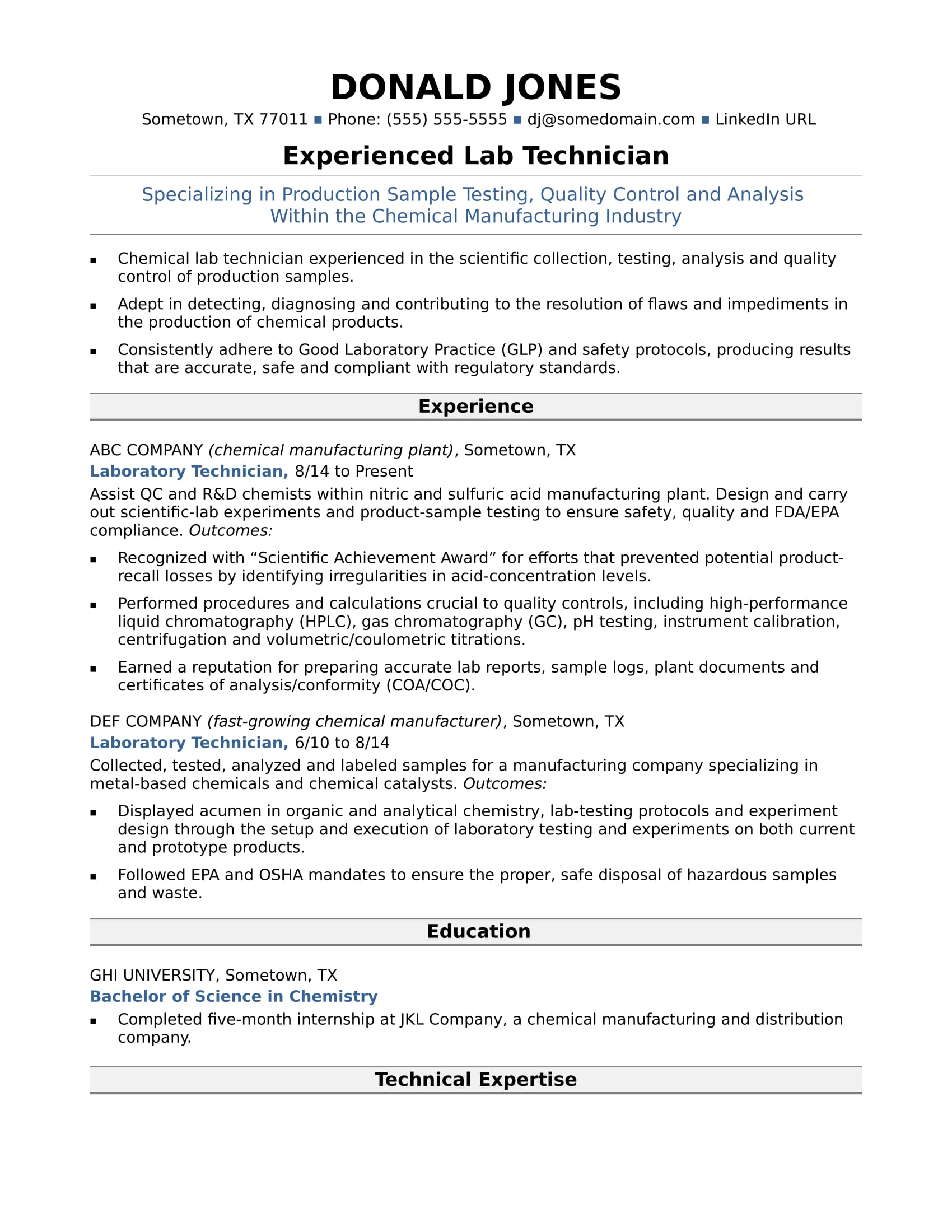 Laboratory Technician Resume Sample & Template