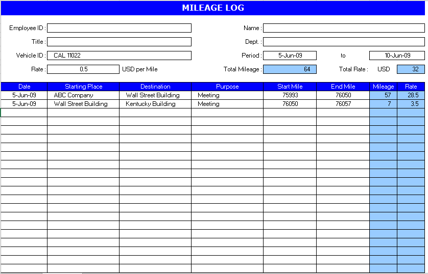 Truck Mileage Log Auto Mileage Log Template Microsoft Excel 