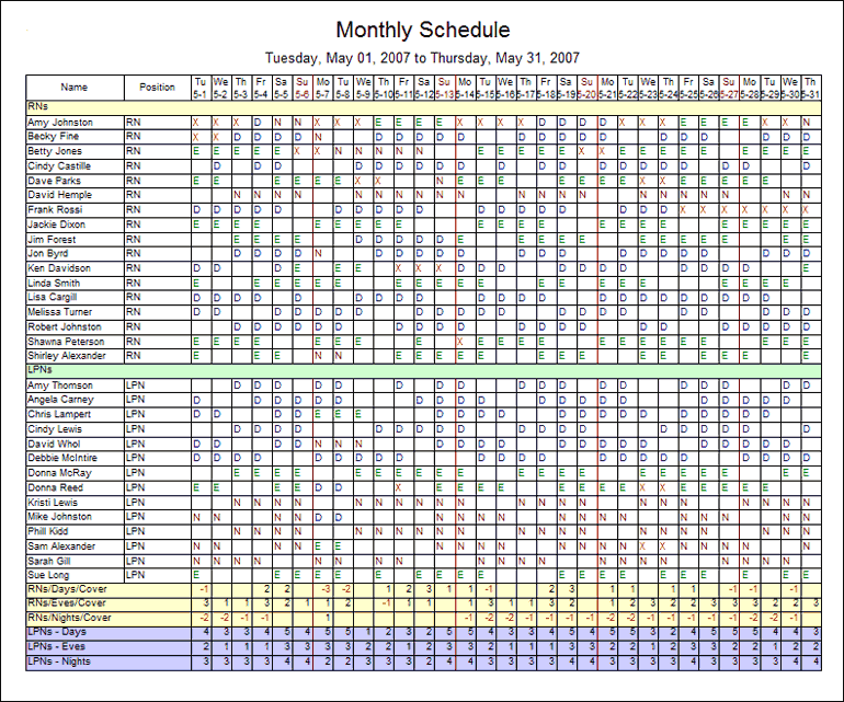Nursing Staff Schedule Template Sample Schedules And Reports In 