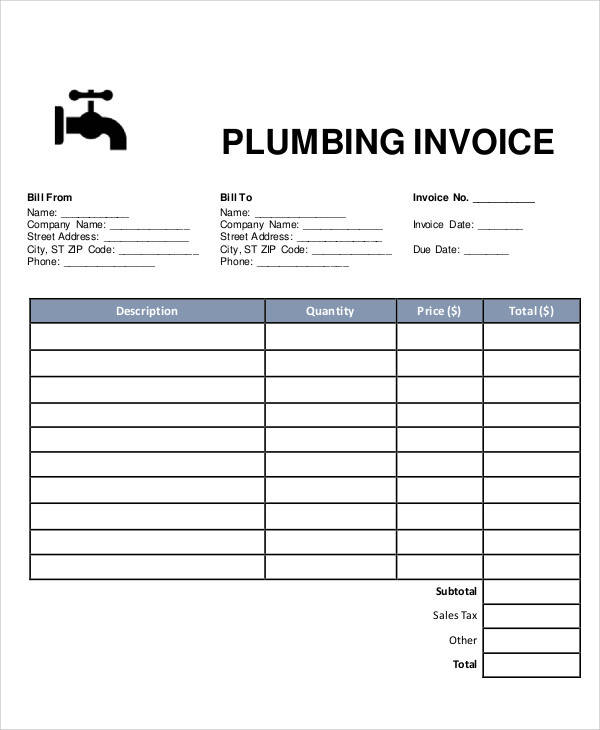 Printable Free Plumbing Invoice Template Printable World Holiday