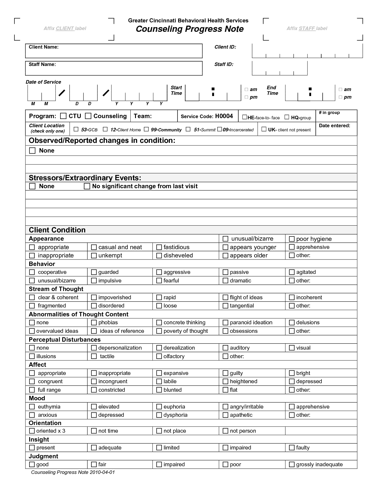 Psychotherapy Progress Note Template