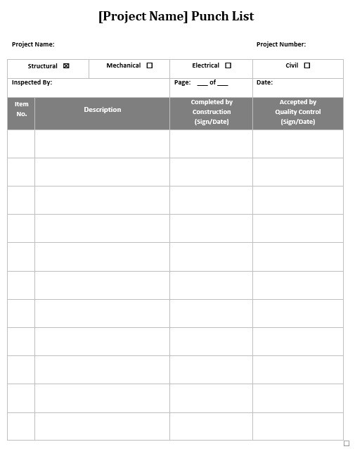 7 Free Sample Construction Punch List Templates   Printable Samples