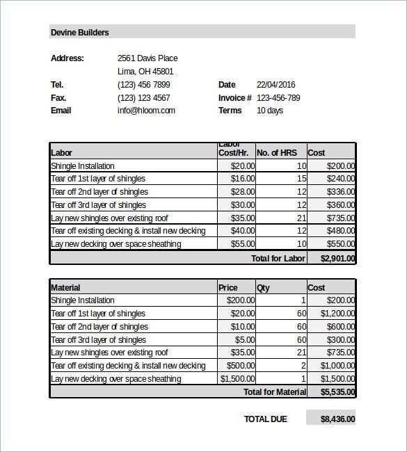 Roof Estimate Excel Template