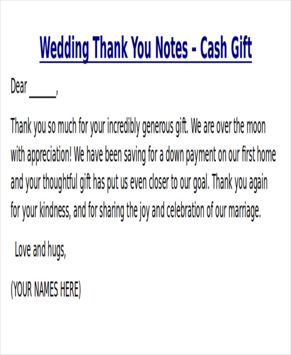 Thank You Note Samples For Wedding Cash Gifts