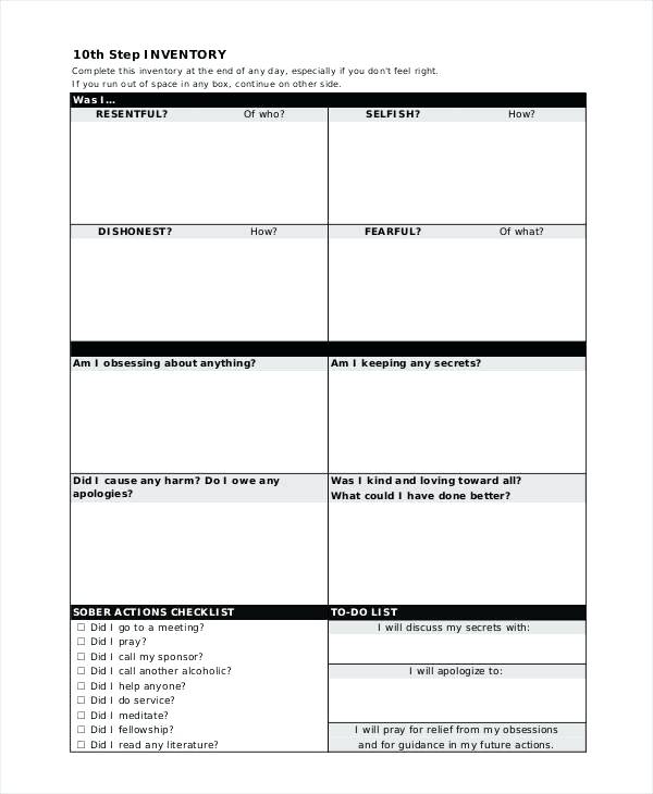 Printable 10th Step Inventory Worksheet