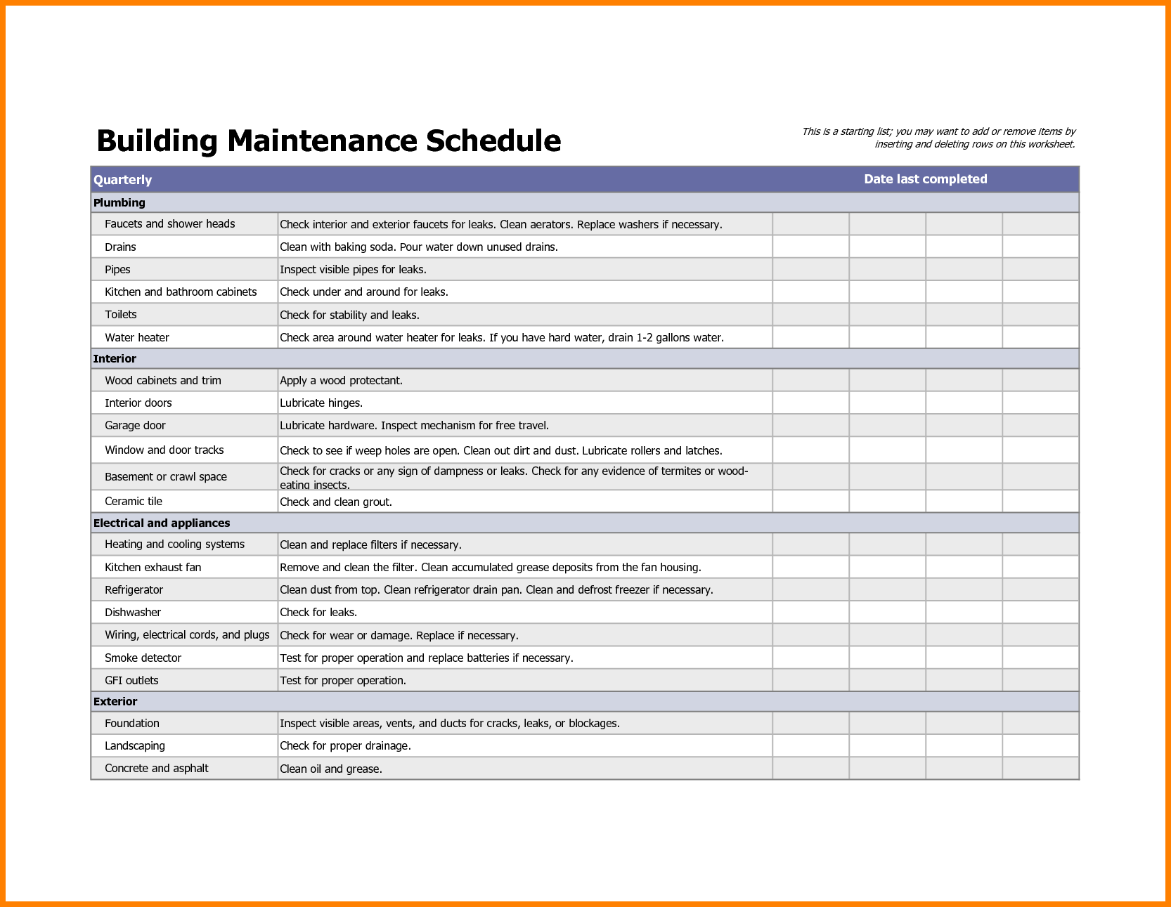 Building maintenance checklist DOWNLOAD at http://.xltemplates 
