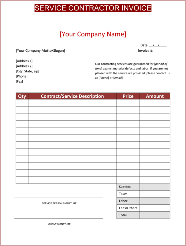 Contractor Invoice Format Contractor Invoice Template 6 Printable 