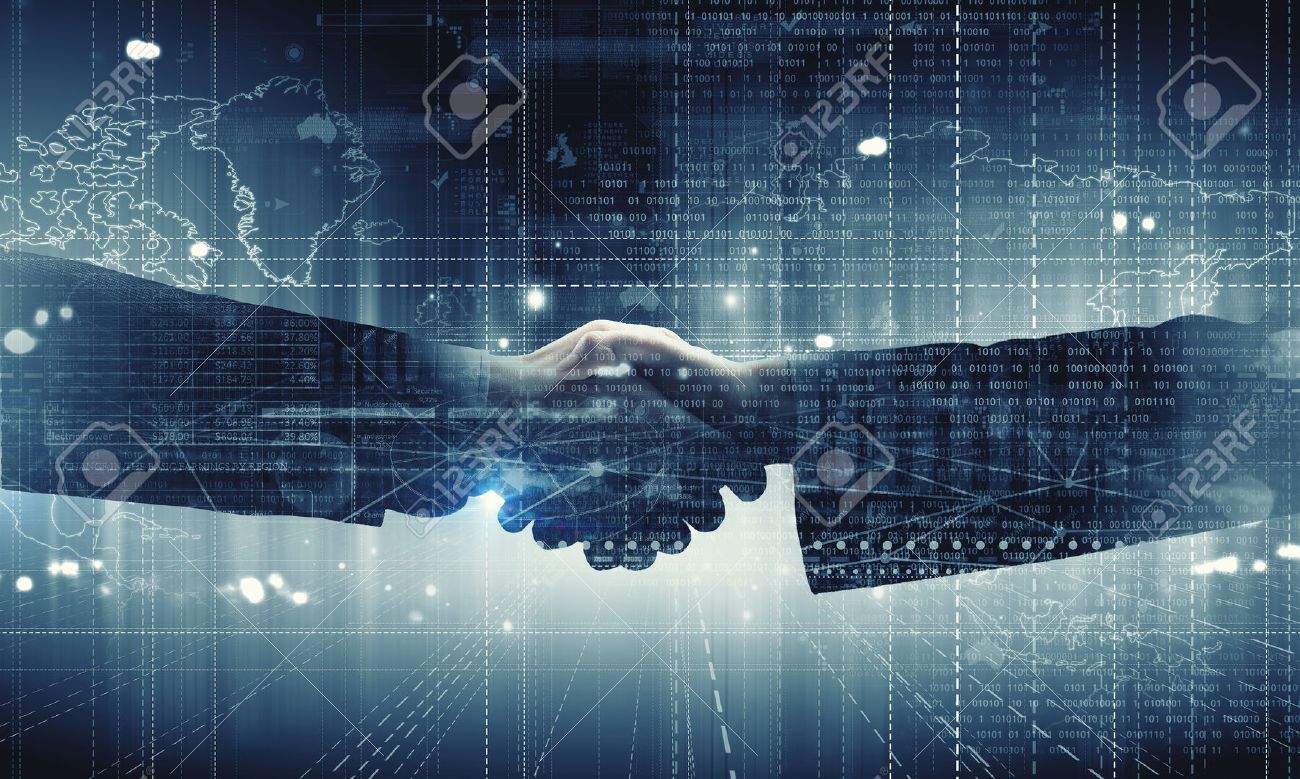 Close Up Of Business Handshake On Digital Background Stock Photo 