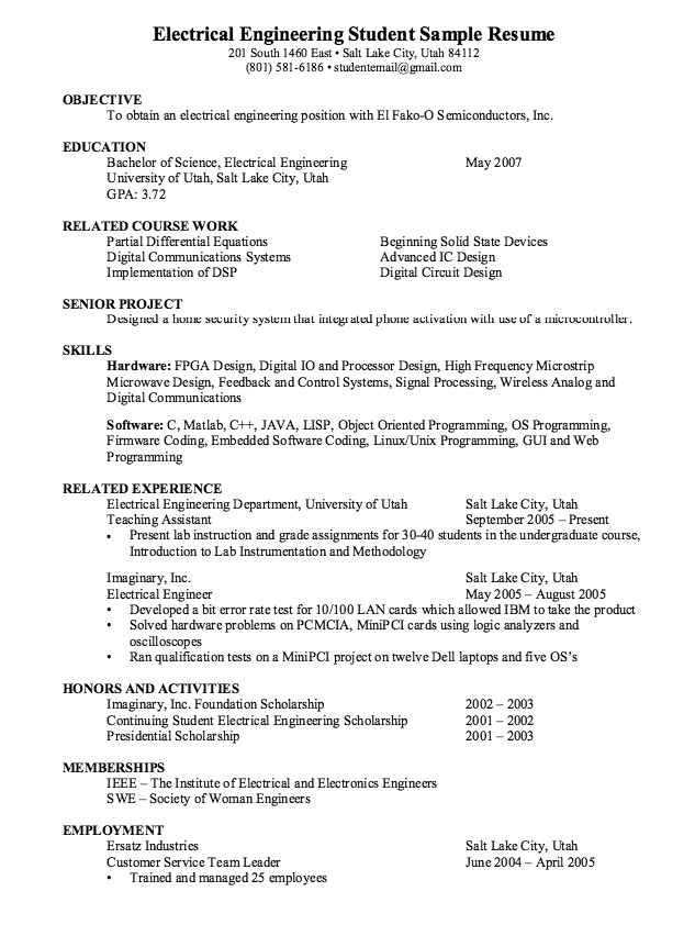 Electrical Engineering Student Resume Sample   http 
