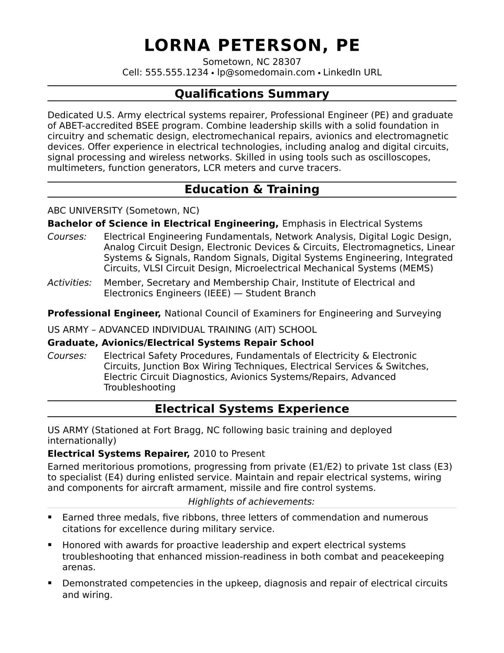 Sample Resume for a Midlevel Electrical Engineer | Monster.com