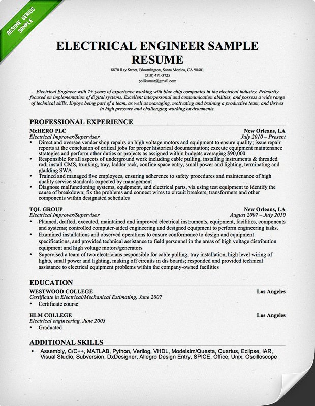 Electrical Engineer Resume Sample | Resume Genius
