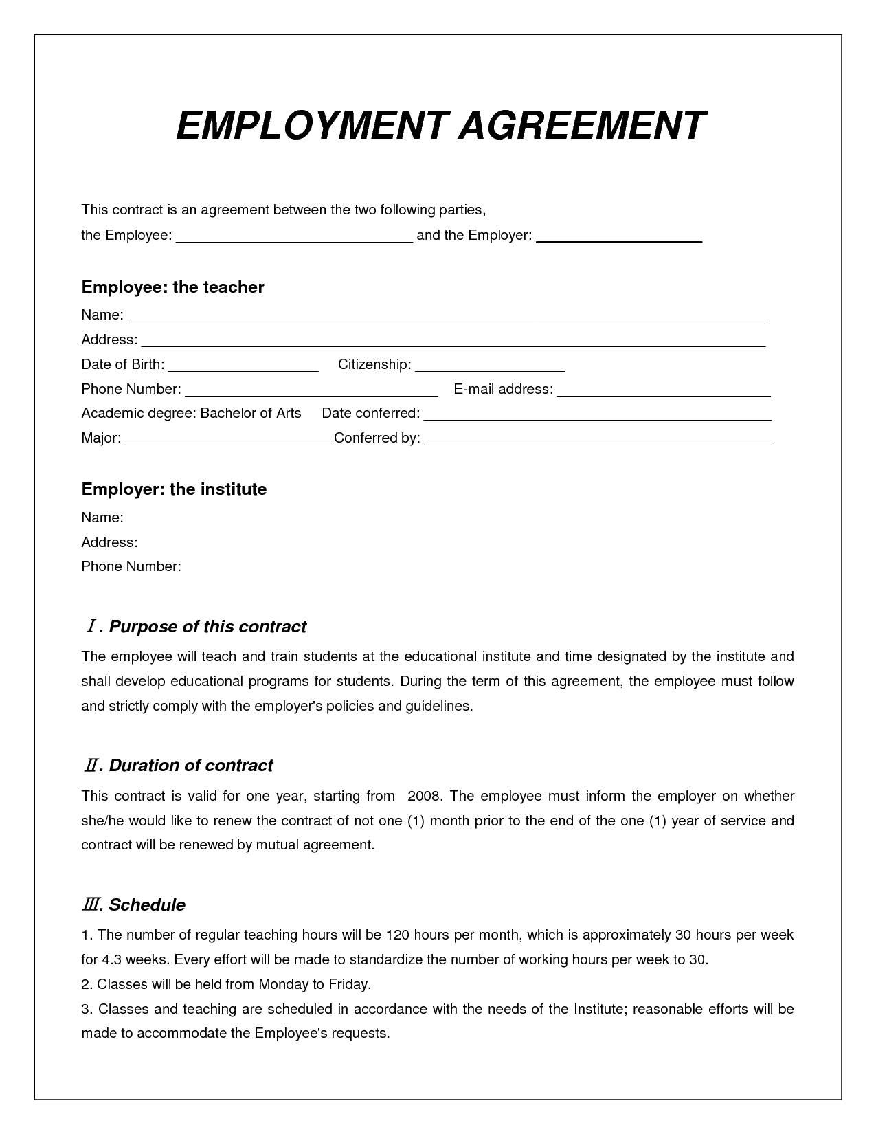 O Hour Contract Template