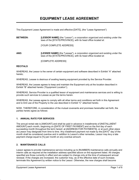 Simple Equipment Rental Agreement Template Free An Lease Form 