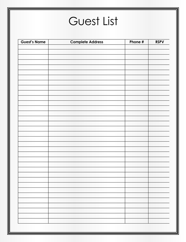 Guest List Template Word Free Download