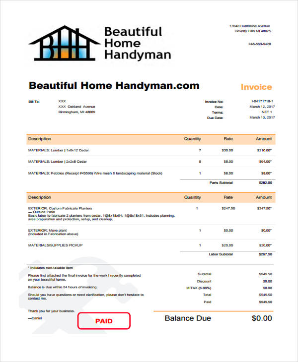 Handyman Receipt Template Invoice Example Handyman Invoice 