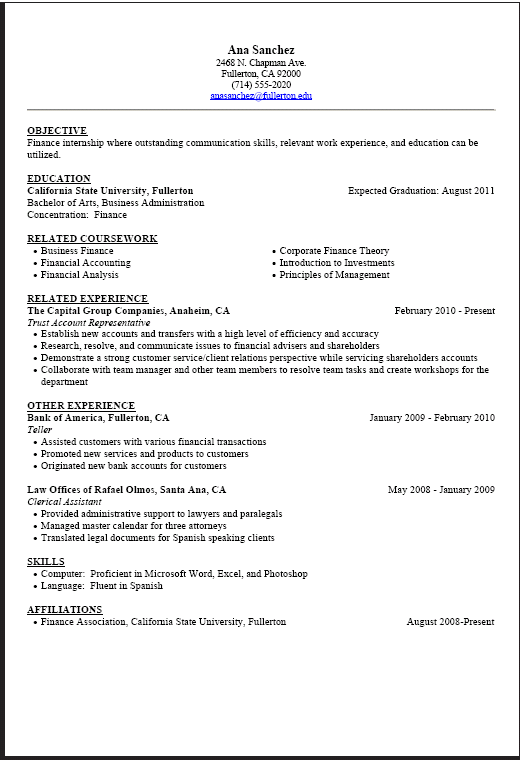 Internship Resume Sample   Career Center | CSUF