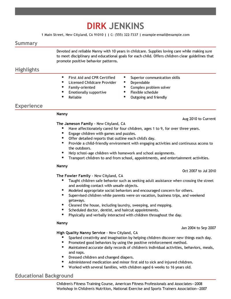 Best Nanny Resume Example | LiveCareer