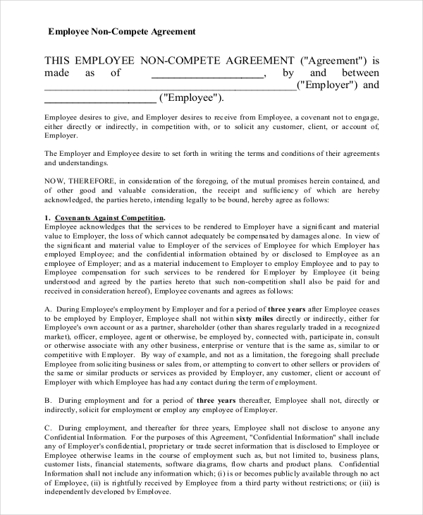 employee non compete agreement template 11 employee non compete 