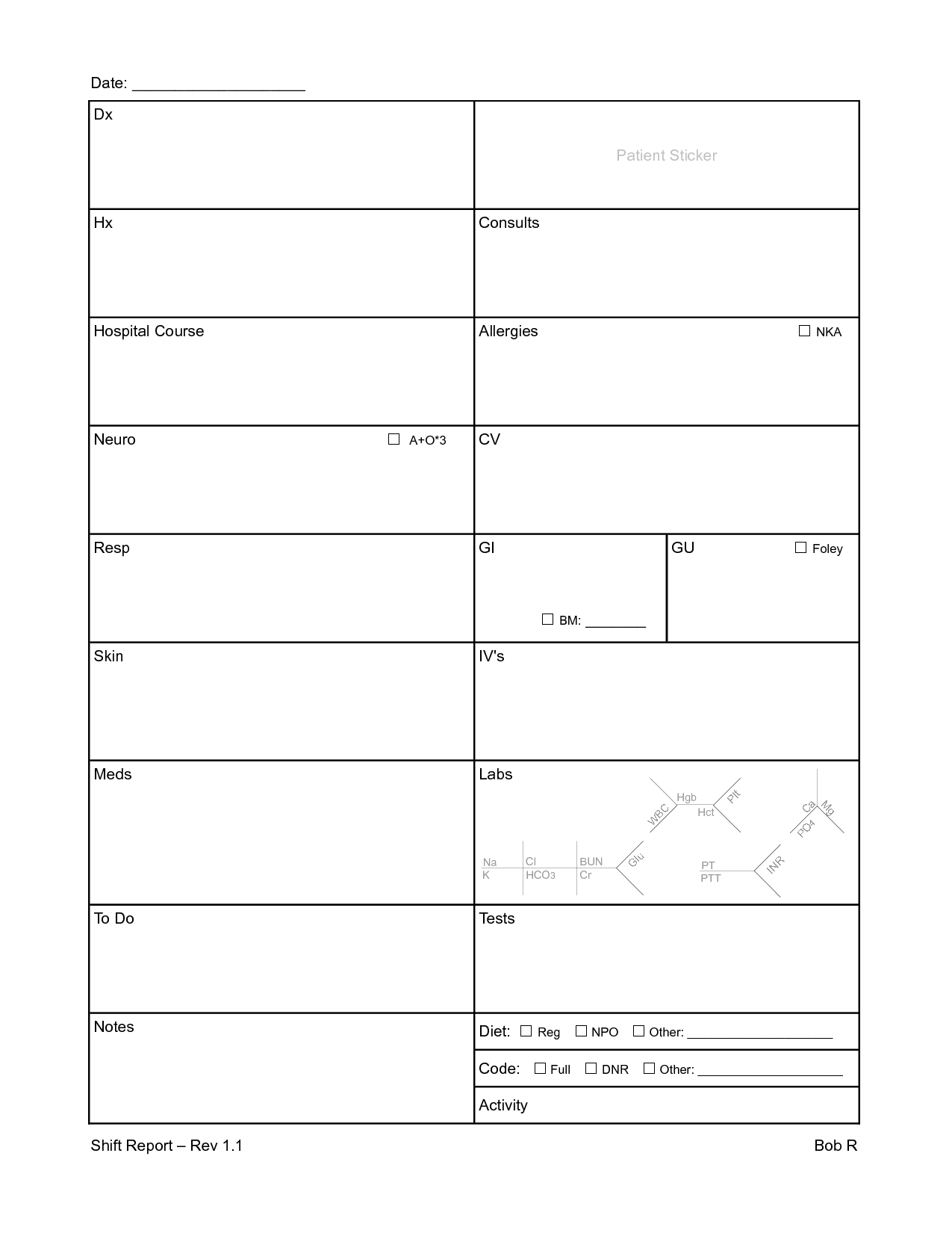 Nursing Report Sheet Template