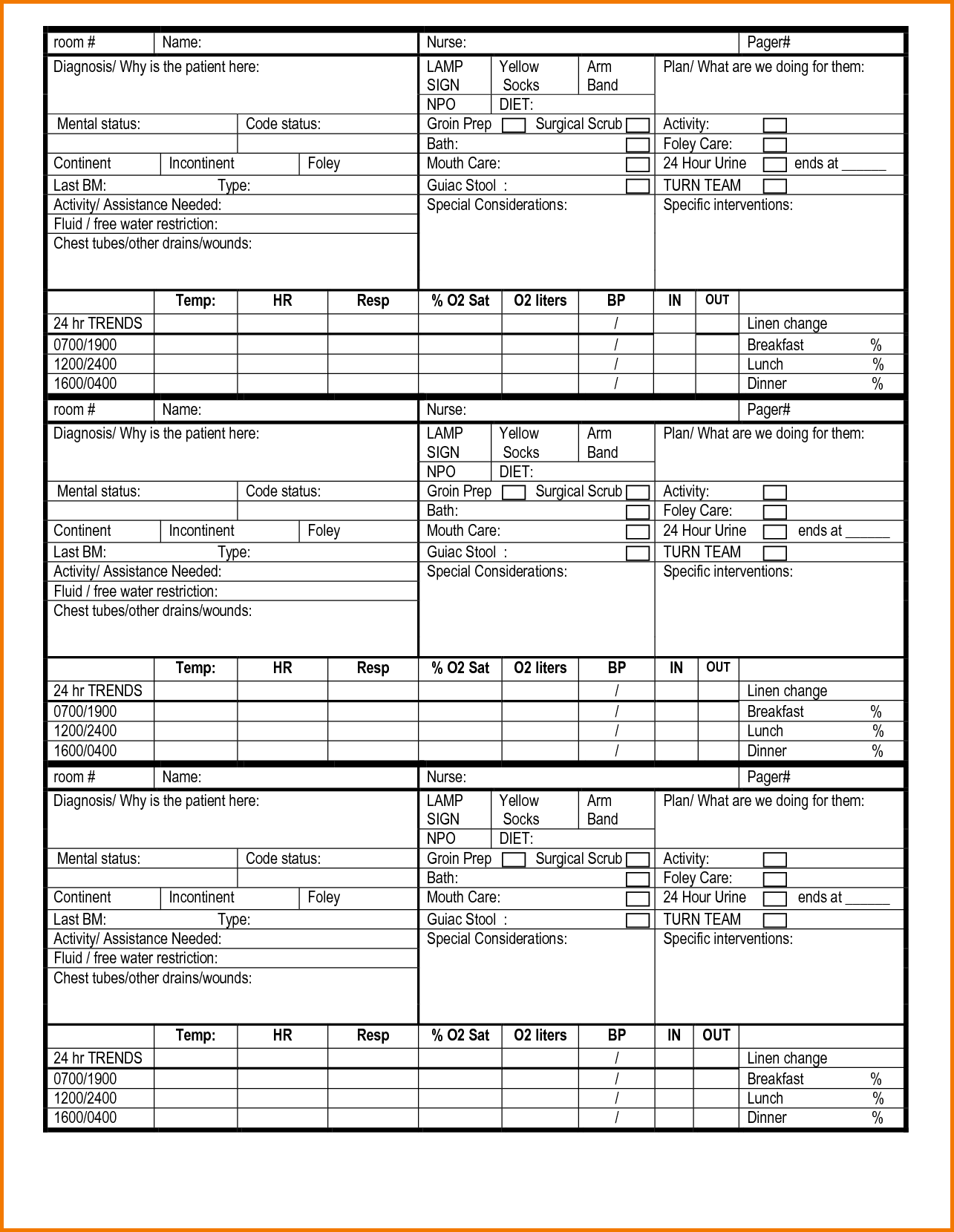 Nurse Shift Report Sheet Template