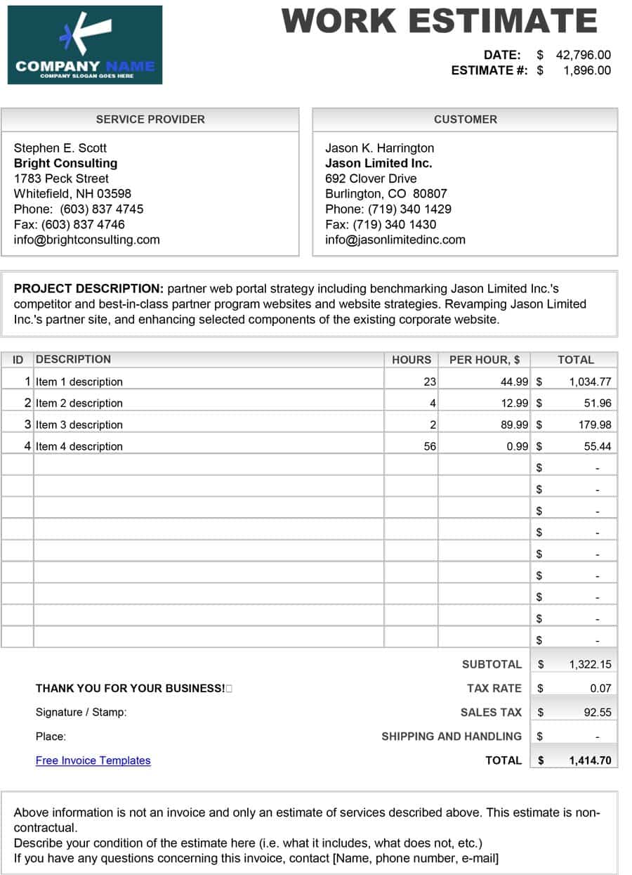 Printable Construction Estimate Template emmamcintyrephotography com