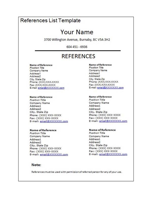  Professional Reference List Template Word Emmamcintyrephotography