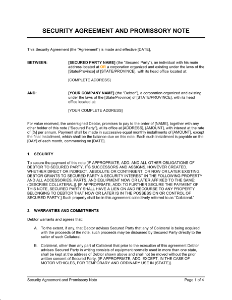 Security Agreement and Promissory Note   Template & Sample Form 