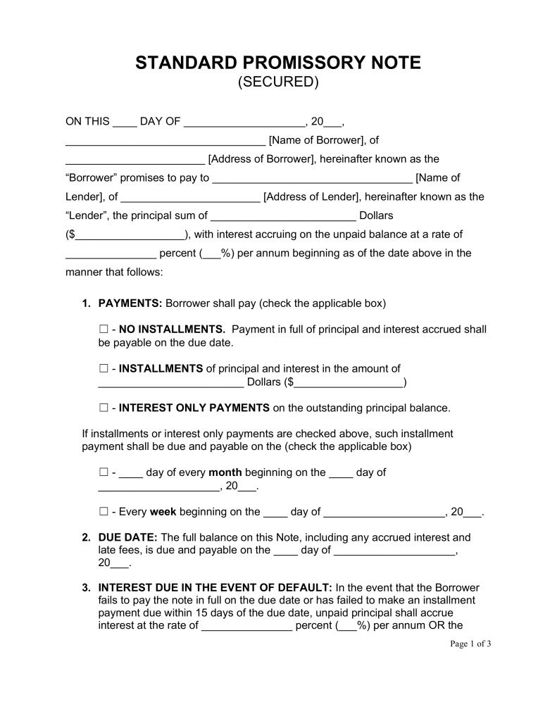 Free Secured Promissory Note Template   PDF | Word | eForms – Free 