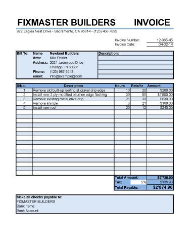 Hourly Roofing Service Invoice Template | Invoice Templates 