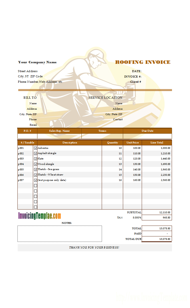 Invoicing Template for Roofing Service