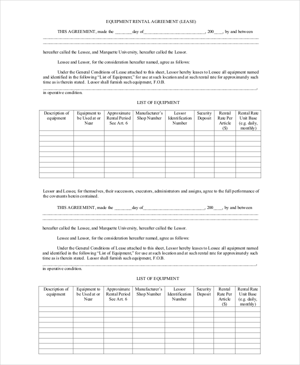 online editable rental equipment agreement template sample 