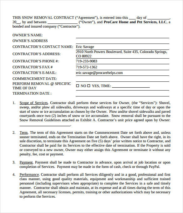 Simple Snow Removal Contract Template