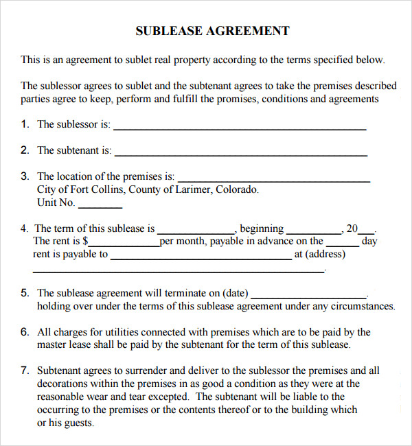 sublet lease agreement template sublease contract template new 