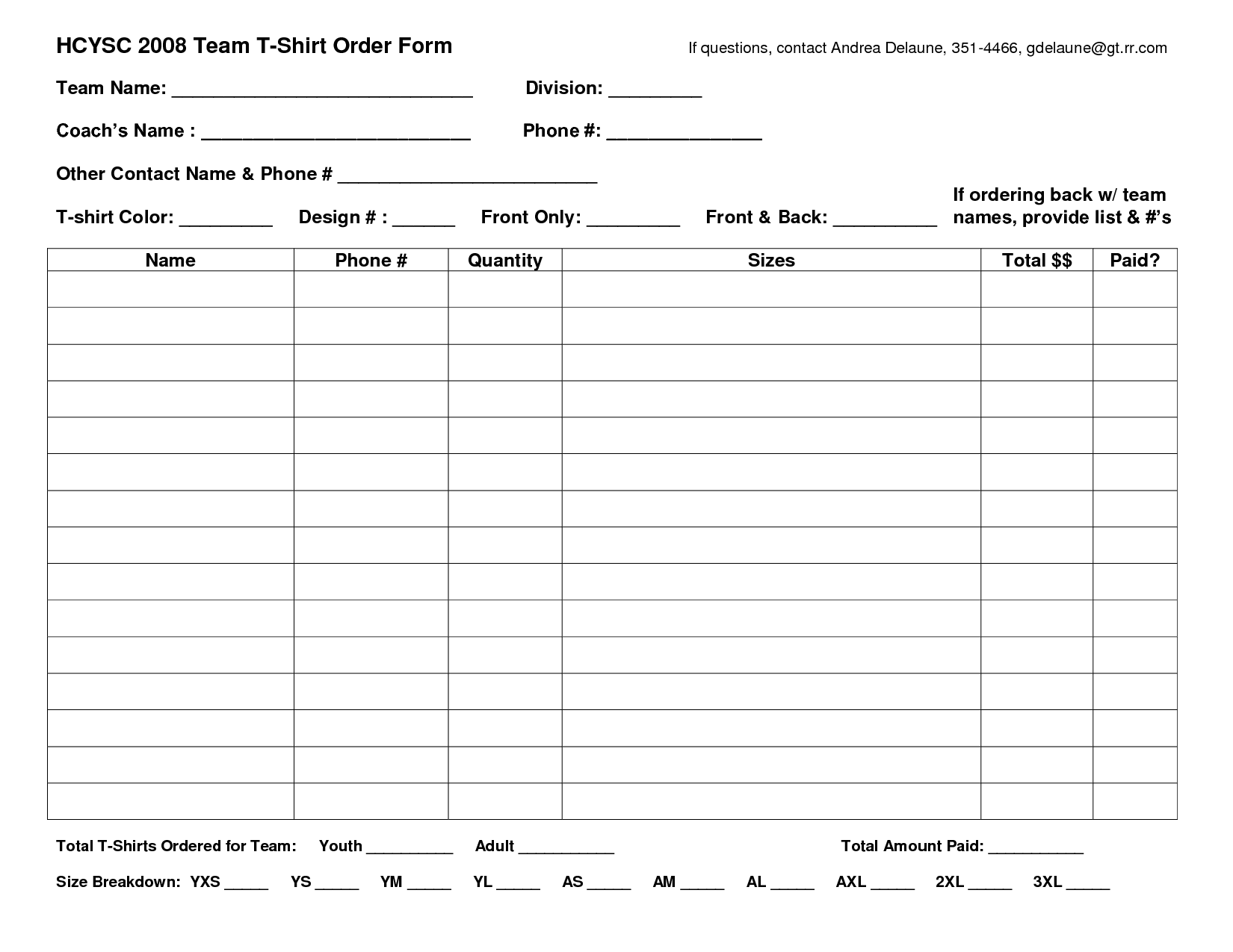 T shirt Order Form Template Printable Printable Templates