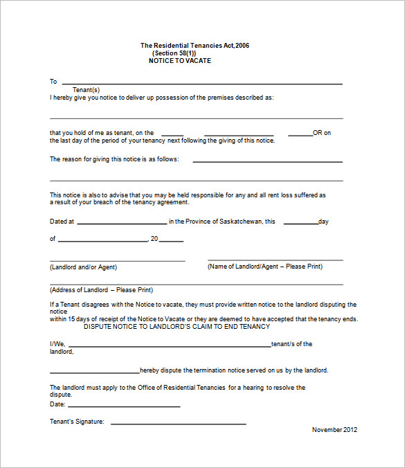 Eviction Notice Form 30 Day Notice To Vacate Letter To Tenant 