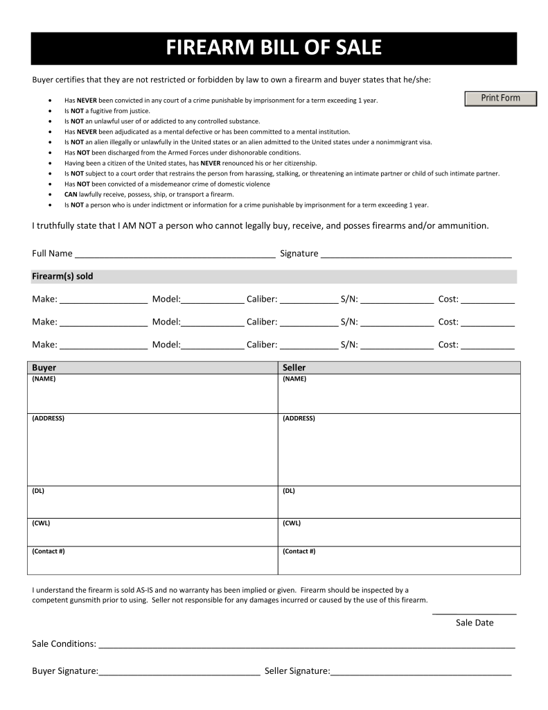 Free Texas Firearm Bill of Sale Form   PDF | eForms – Free 