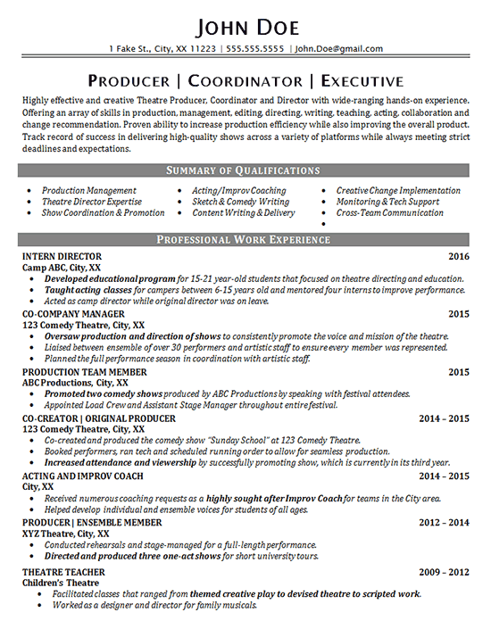 Theater Resume Example   Entertainment   Production   Fine Arts