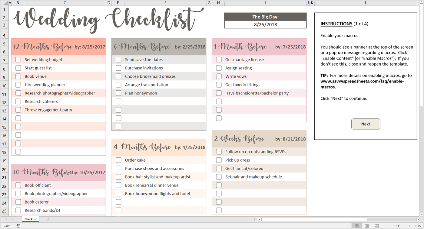 Printable Wedding Checklist   Excel Template   Savvy Spreadsheets