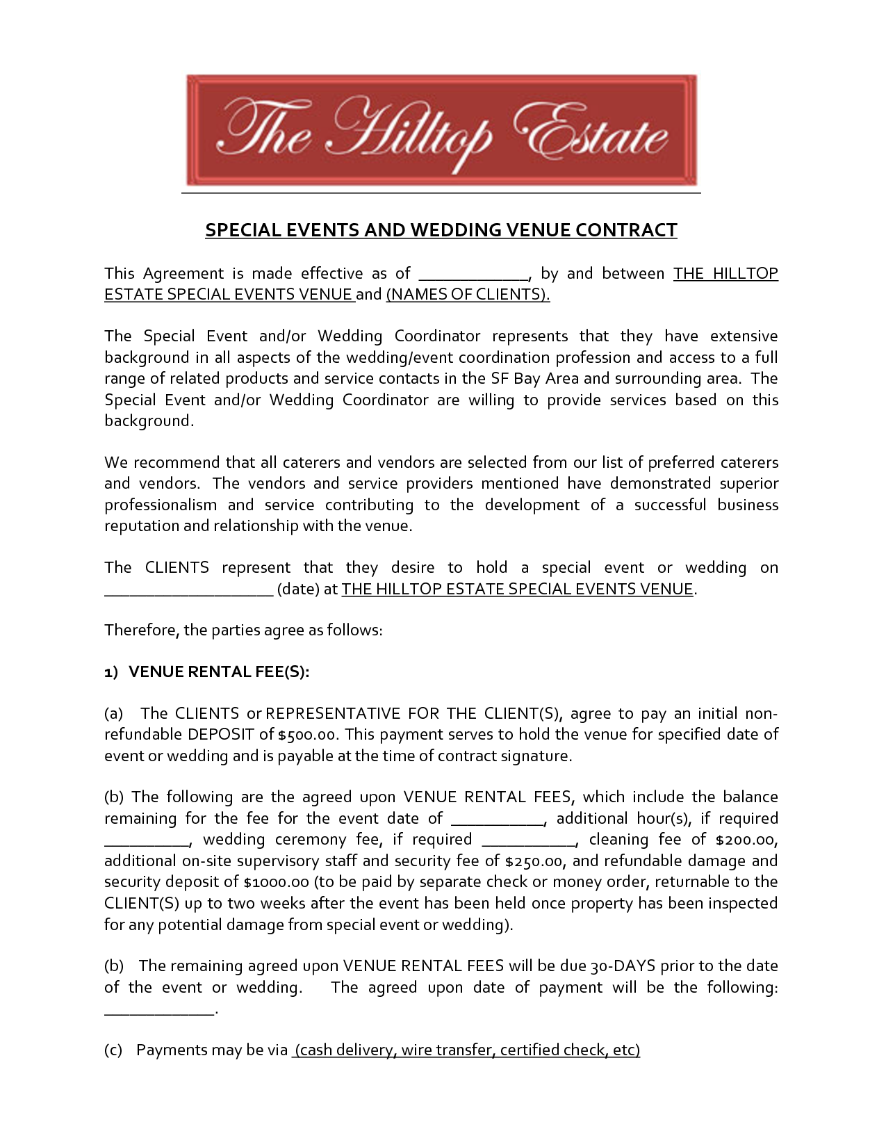 Wedding Venue Contract Template