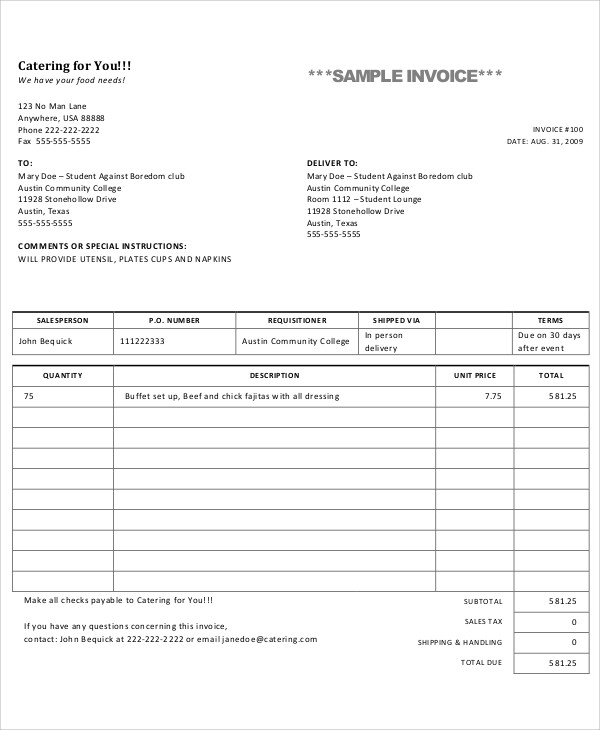 Free Catering Invoice Template Invoice Template For Catering 