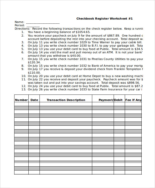 Check Register Worksheet Sample Check Register Template 10 Free 