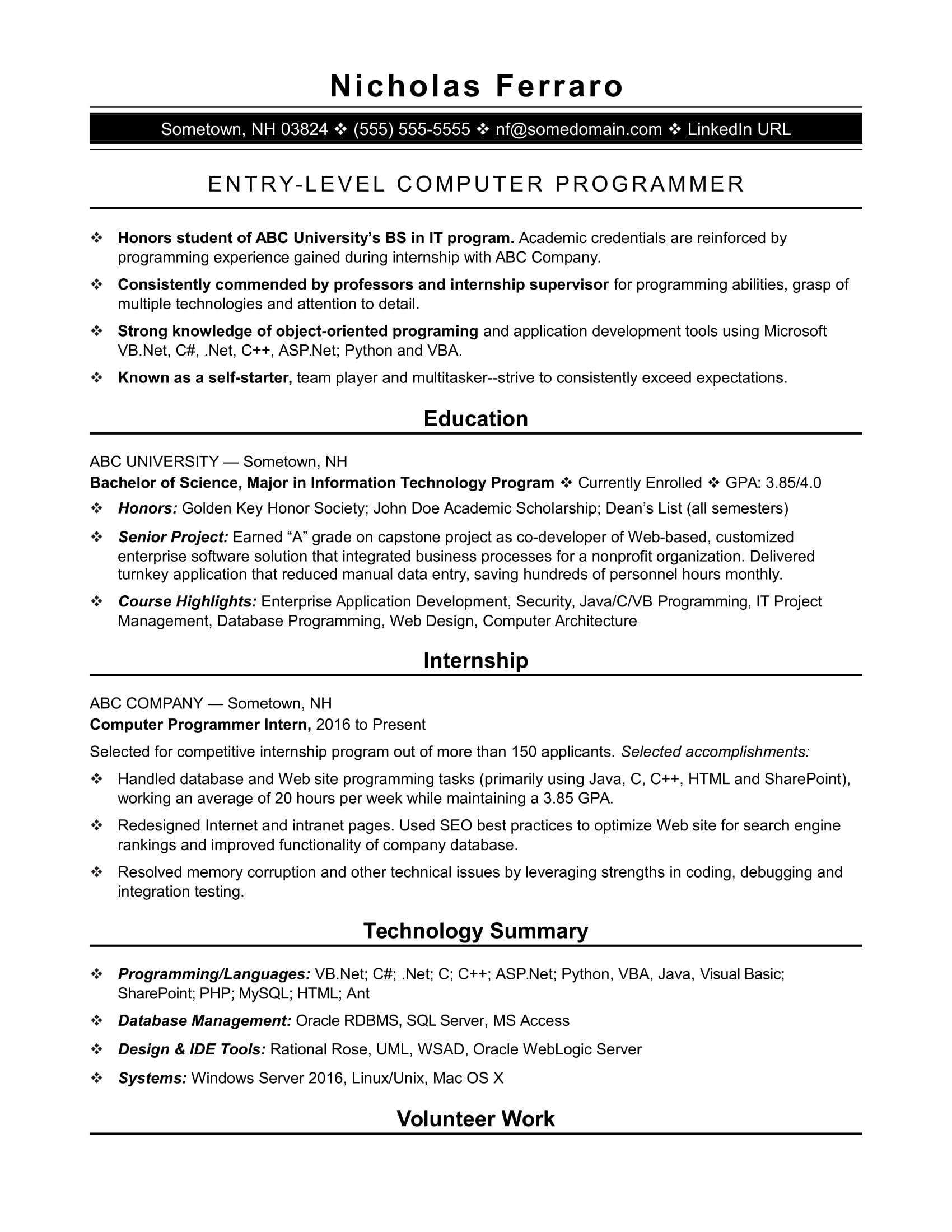 Sample Resume For An Entry Level Computer Programmer | Monster.com