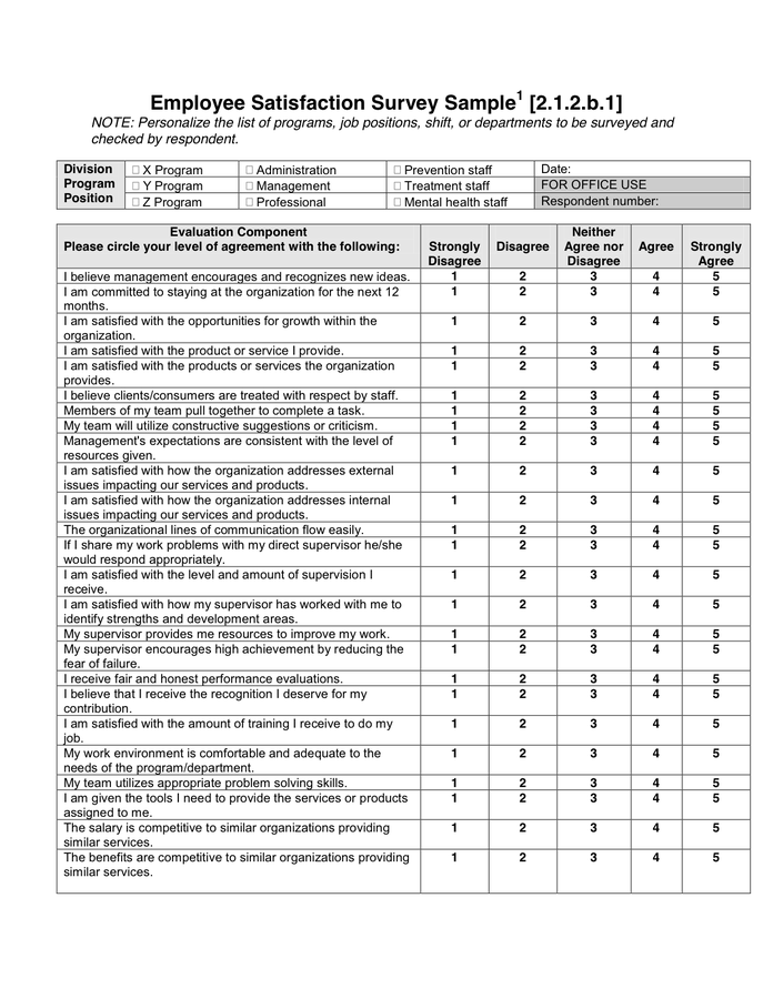 Examples Of Employee Surveys 8 Employee Satisfaction Survey with 